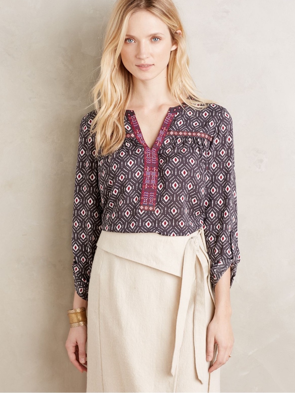 Anthropologie One September Folia Blouse Ikat Tribal Print Tunic Boho Size M